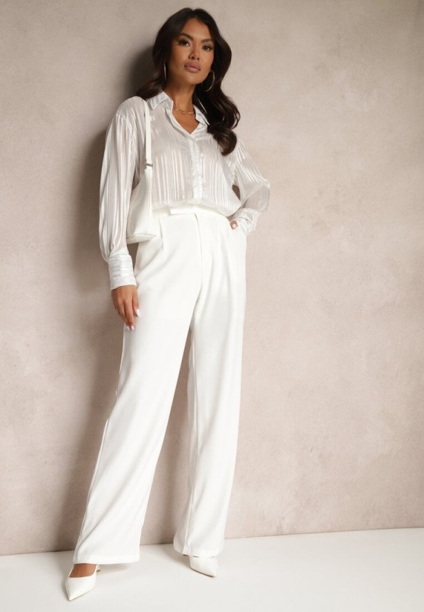 Biała Koszula Półprzezroczysta w Prążki Przeszyta Metaliczną Nicią Delorwin