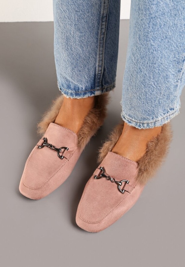 Jasnoróżowe Płaskie Mokasyny z Futerkiem i Klamrą Sanalithra