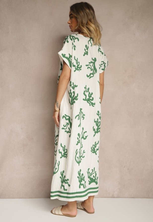 Zielono-Beżowa Pudełkowa Sukienka z Wiskozą i Lnem Sadeone