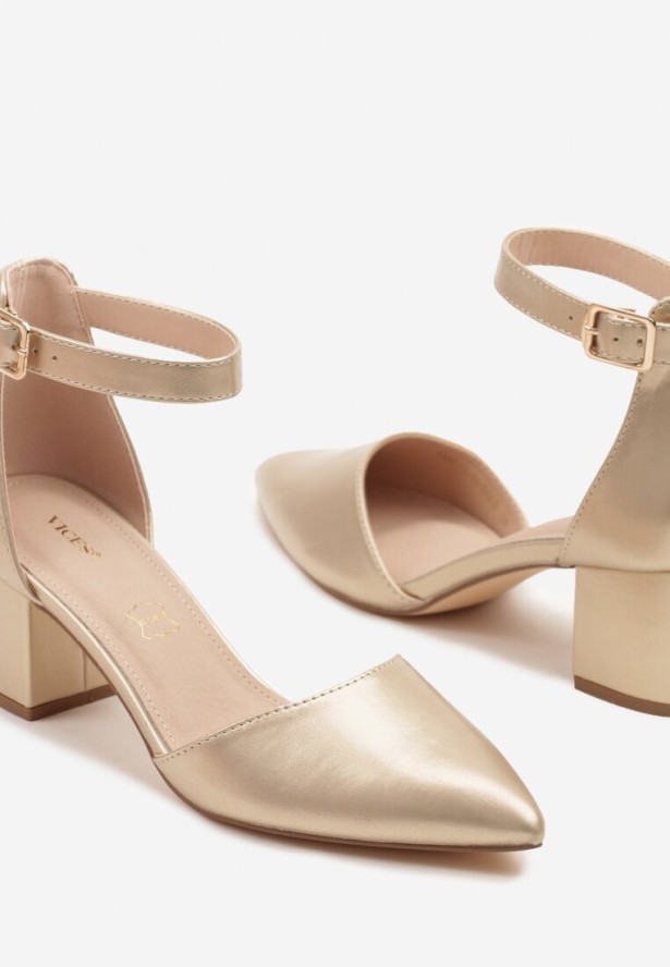 Złote Czółenka Sandały Vices na Słupku ze Skórzaną Wkładką Ozdobione Brokatem Leanelith