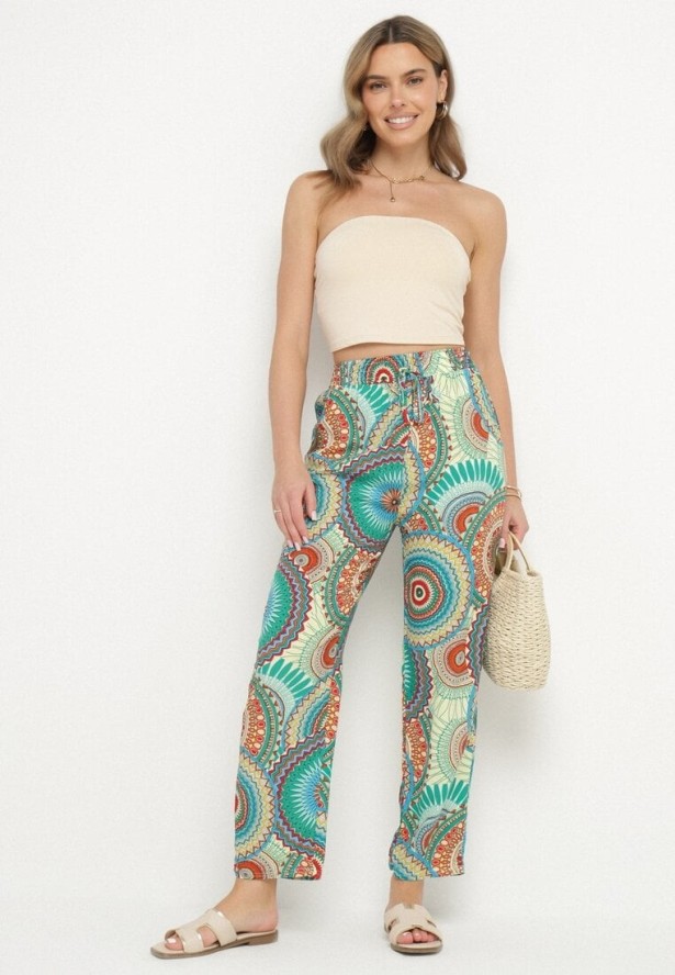 Zielone Bawełniane Spodnie o Szerokim Kroju z Wysokim Stanem ze Wzorem Boho Zarrive