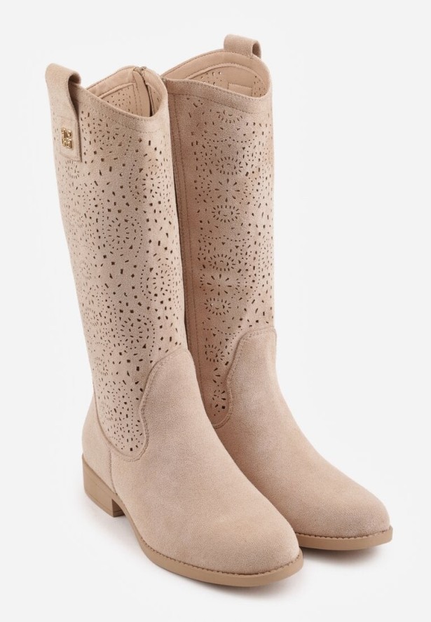 Ciemnobeżowe Botki Typu Kowbojki Ażurowe Ozdobione Metaliczną Aplikacją Iomosa