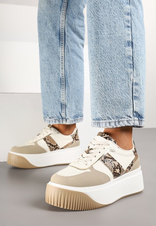 Beżowe Sneakersy na Platformie z Metalicznym Zdobieniem Fonarien