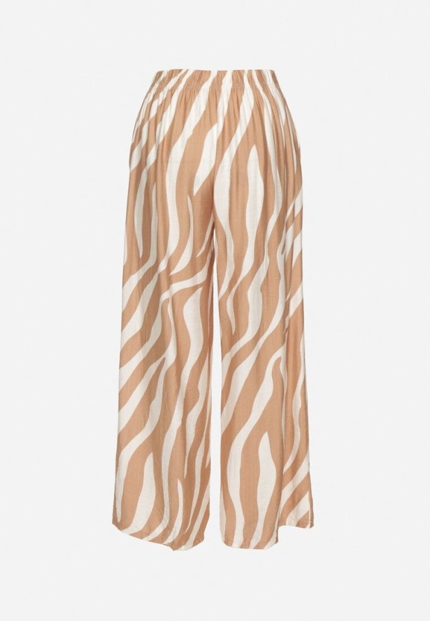 Beżowo-Białe Szerokie Spodnie z Wysokim Stanem z Paskami Lisavitia