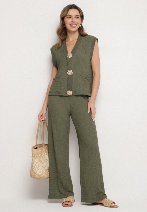 Ciemnozielony Komplet Bluzka Bez Rękawów Zdobiona Broszkami i Szerokie Spodnie Sadaniae