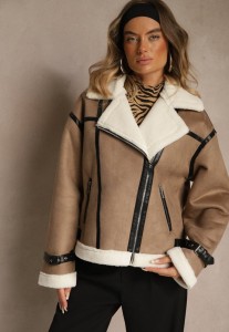 Ciemnobeżowa Kurtka Ramoneska w Stylu Biker z Kożuszkiem i Sprzączkami Mendrie