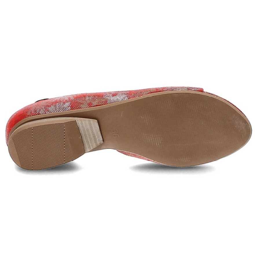 Półbuty damskie Maciejka, skóra naturalna malowana w kwieciste wzory z otwartymi palcami i na płaskiej podeszwie, czerwone, 00554-38-00-5