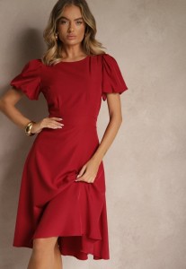 Bordowa Rozkloszowana Sukienka Vices Ozdobiona Odpinanym Kwiatem 3D Koleira