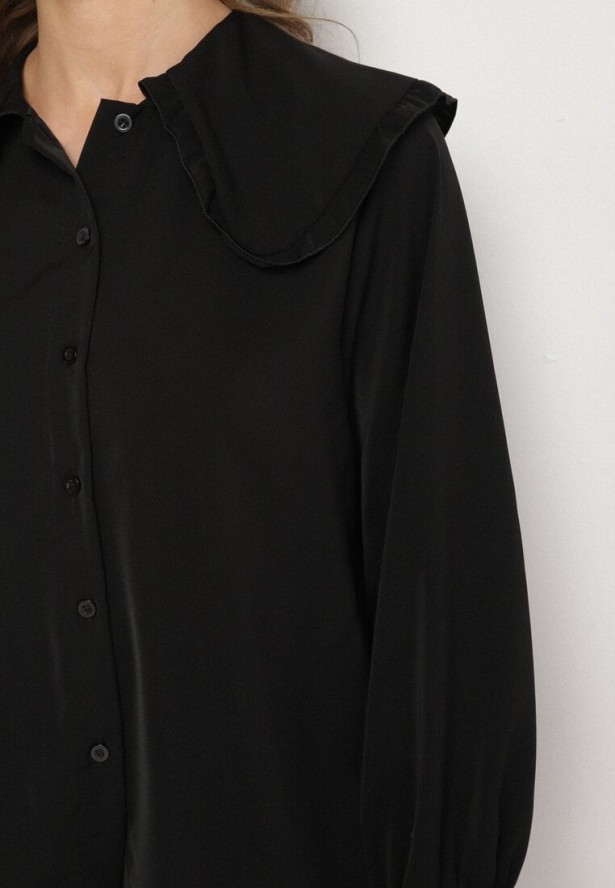 Czarna Koszula z Ozdobnym Kołnierzykiem i Falbankami Emilarae