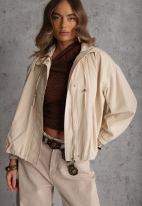 Beżowa Oversizowa Kurtka Przejściowa o Kroju Bombki z Bawełny i Wiskozy Birana