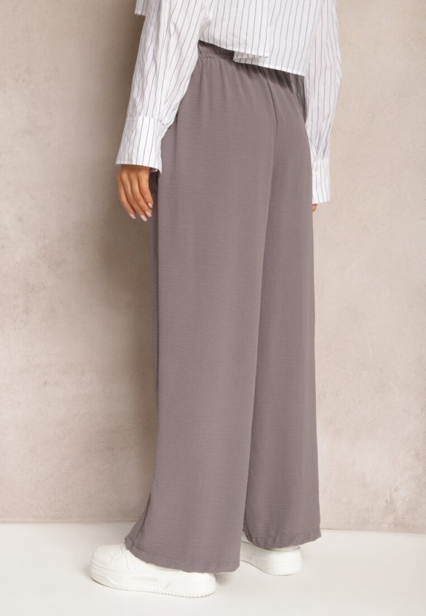 Szare Spodnie High Waist ze Sznurkiem w Talii i Prostą Nogawką Raveann