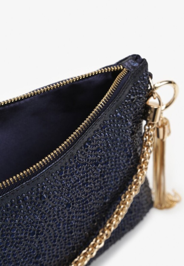 Niebieska Torebka z Materiału Ozdobionego Cyrkoniami i z Rączką z Frędzlami Korella