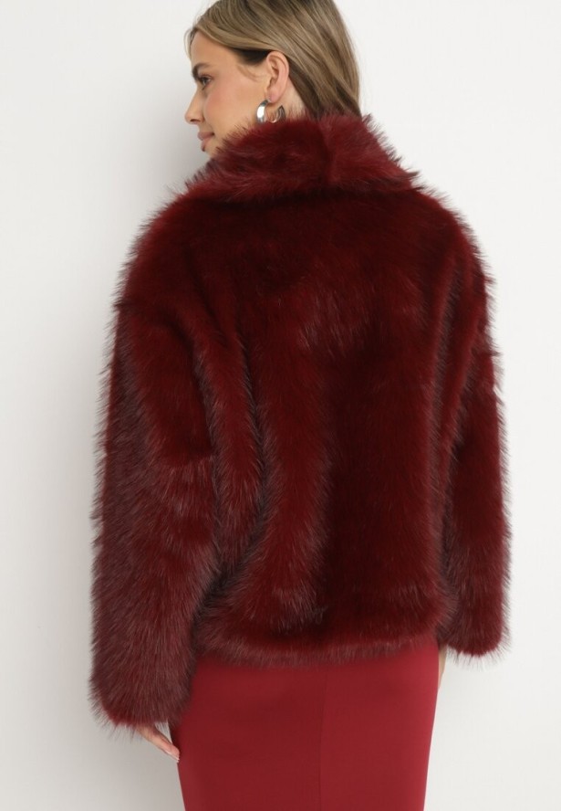 Bordowa Futrzana Kurtka z Szerokim Kołnierzem Merionnie