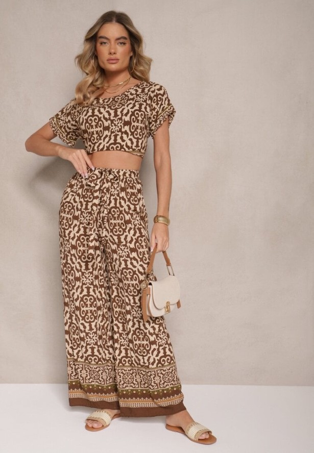 Ciemnobrązowy Komplet Spodnie i Bluzka z Bawełny w Ornamentalny Print Nanitria