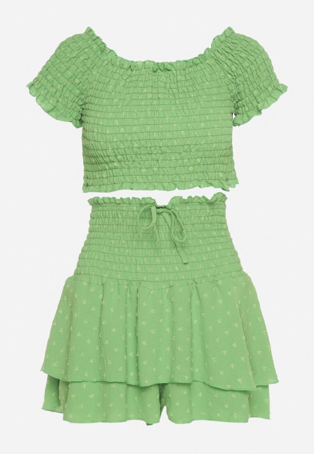 Zielony Komplet Top w Stylu Hiszpanki i Spódnico-Szorty z Gumką Quillatta