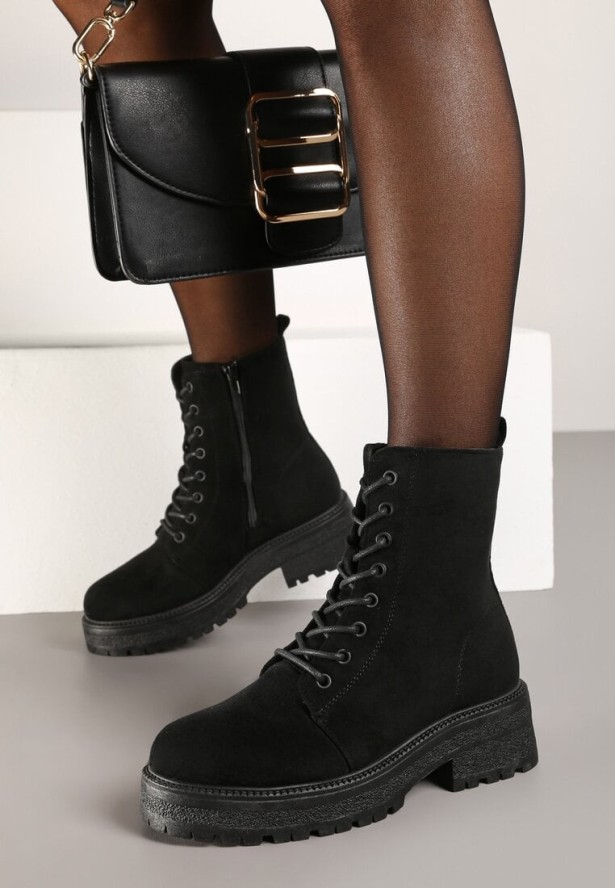 Czarne Botki na Grubej Podeszwie z Sznurowaniem Eterna