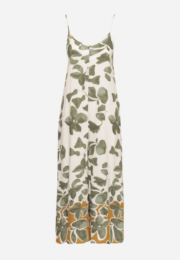 Zielono-Beżowy Kombinezon z Wiskozą na Ramiączkach z Szeroką Nogawką Iffre