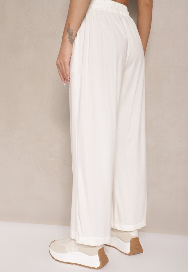Białe Spodnie z Wiskozą o Szerokim Kroju High Waist z Wiązaniem Ellivartia