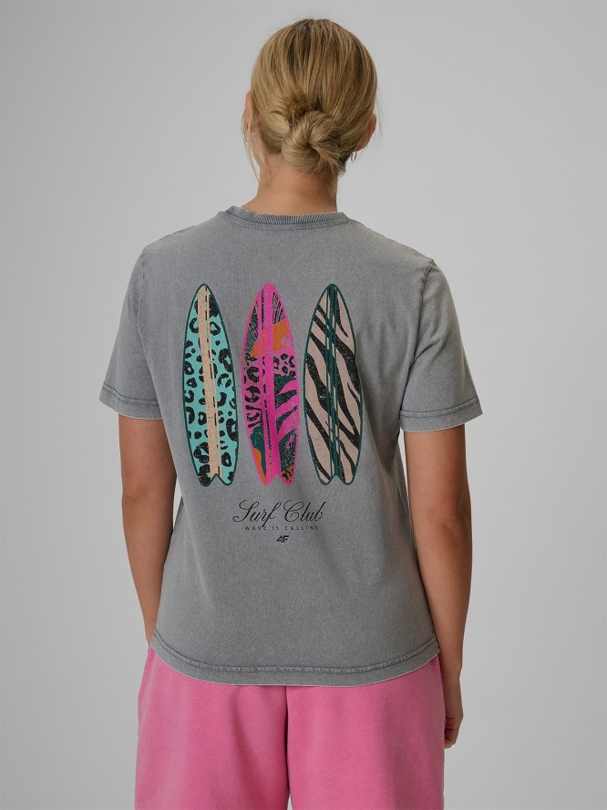4F T-shirt relaxed z nadrukiem damski - szary XL