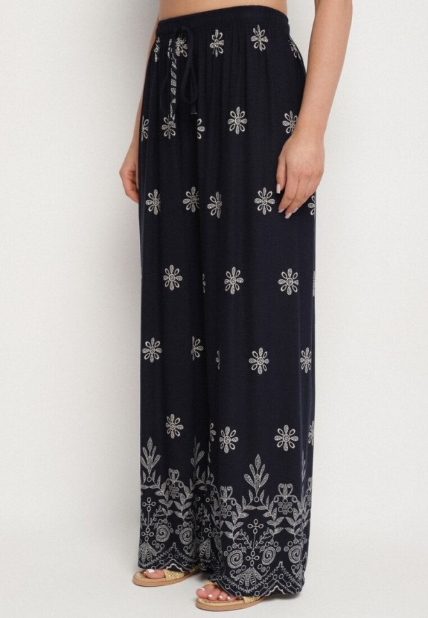 Granatowy Wiskozowy Komplet Bluzka z Wiązaniem i Spodnie Lunavelia