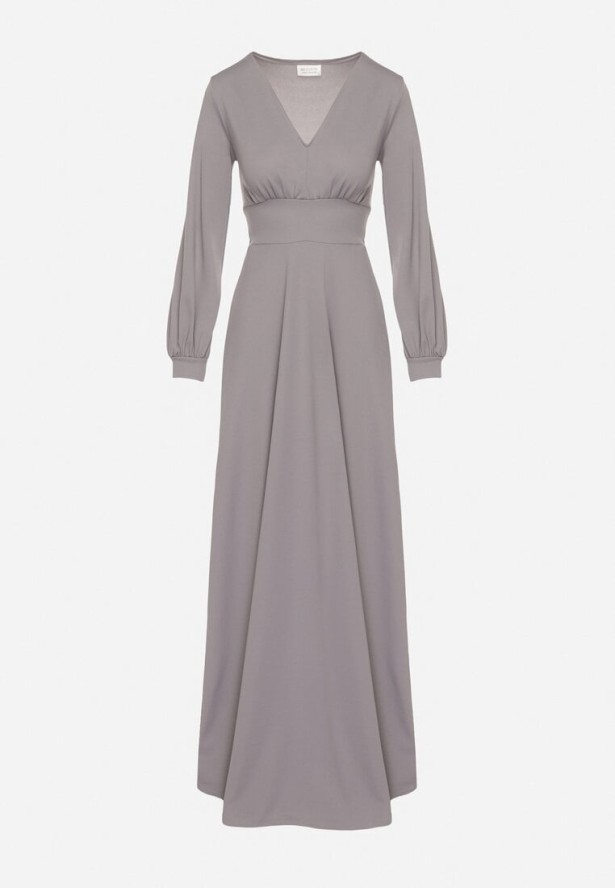 Szara Rozkloszowana Sukienka Koktajlowa z Bufiastymi Rękawami i Rozcięciem na Nogę Erqellia