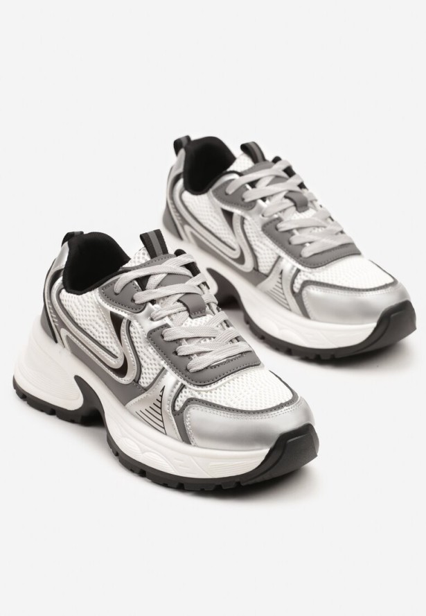 Biało-Srebrne Sneakersy na Profilowanej Podeszwie z Siateczkowymi Wstawkami Parinella