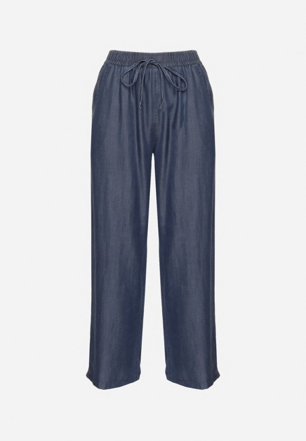 Granatowe Szerokie Spodnie z Bawełny Ozdobione Wiązaniem Evipolli