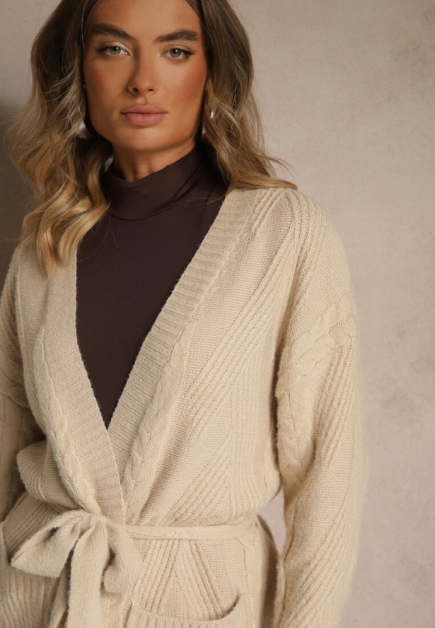 Beżowy Tłoczony Kardigan z Wełną o Kroju Bez Zapięć z Paskiem Dorrive