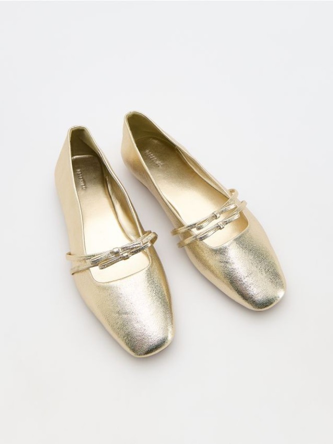 Metaliczne baleriny z imitacji skóry - złoty