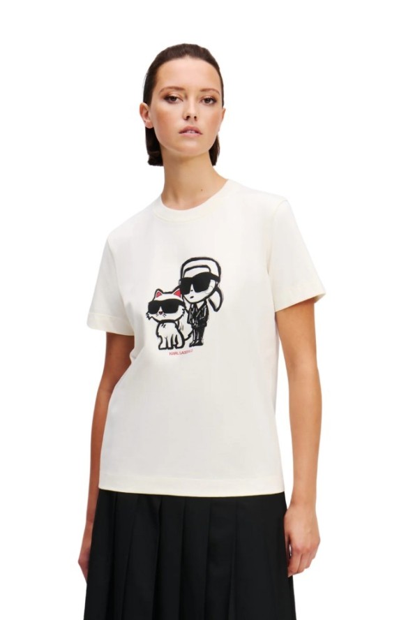 KARL LAGERFELD Beżowy damski t-shirt Ikon Sketch Duo, Rozmiar XL