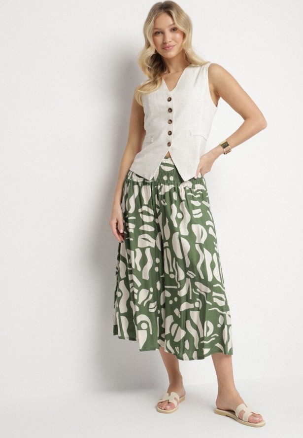 Zielone Szerokie Spodnie Kuloty z Gumką w Pasie i Geometrycznym Wzorem Virtebia