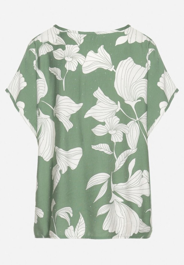 Zielona Bluzka o Nietoperzowym Kroju z Lnem i Wiskozą Zdobiona Cyrkoniami Rinelitia