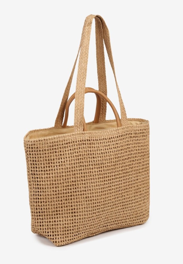 Ciemnobeżowa Pleciona Torebka Shopper z Metaliczną Ozdobą Feleriona