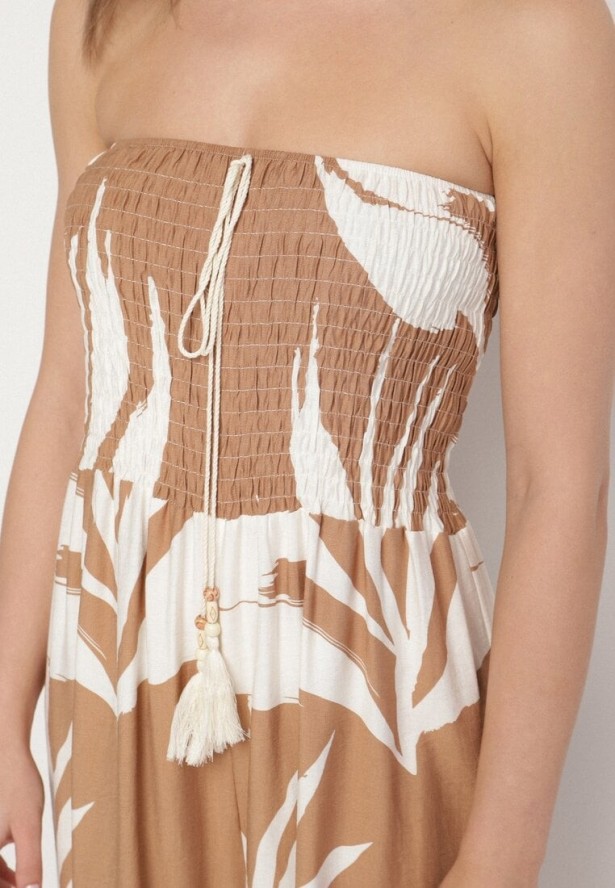 Beżowy Kombinezon z Wiskozą i Lnem Ozdobiony Wzorem LIści Fevisaie