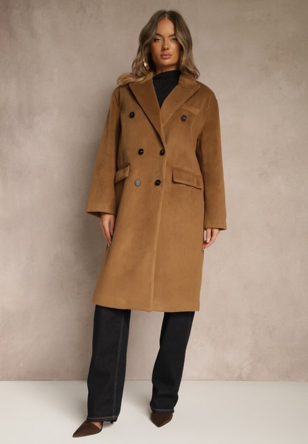 Brązowy Klasyczny Płaszcz Dwurzędowy z Kieszeniami Tereti