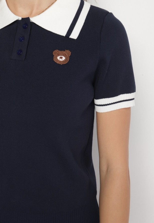 Granatowy Komplet Dzianinowy z Wiskozą Koszulka Polo i Plisowana Spódnica Nelreis