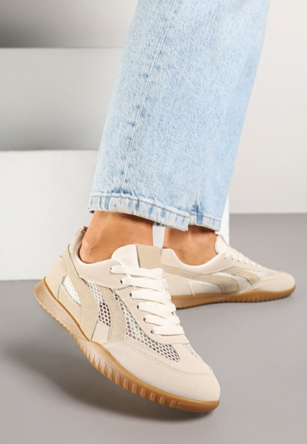 Ciemnobeżowe Sneakersy w Stylu Tenisówek Ozdobione Paskami Amooshea