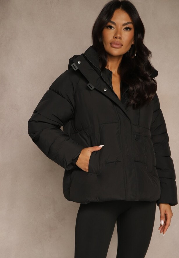 Czarna Pikowana Kurtka o Fasonie Oversize z Kapturem Galadea