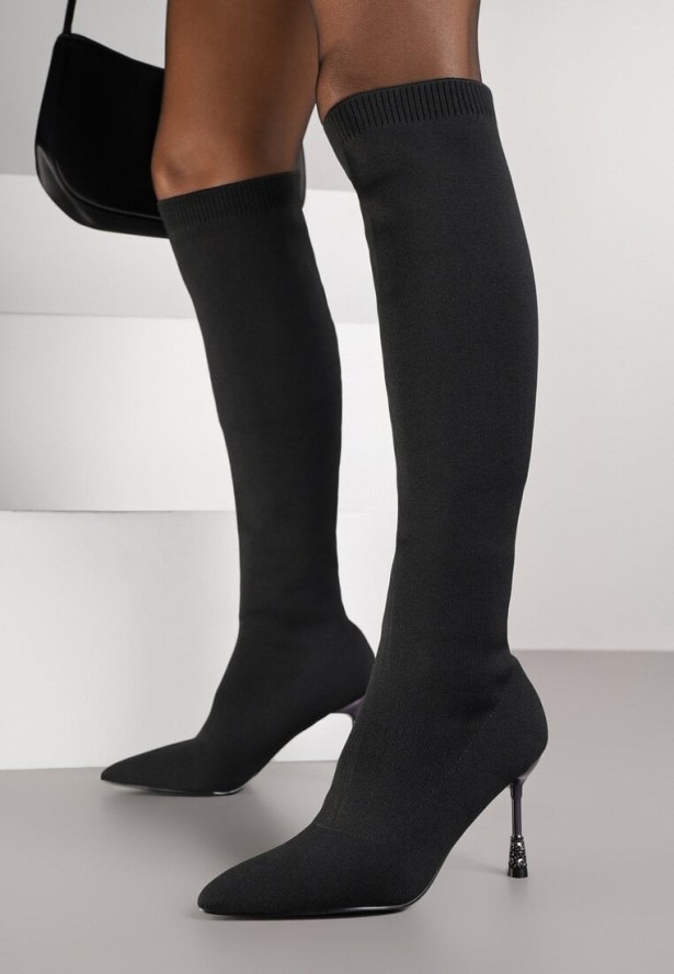 Czarne Skarpetkowe Kozaki Vices na Ozdobnym Obcasie z Cyrkoniami Nilritisa