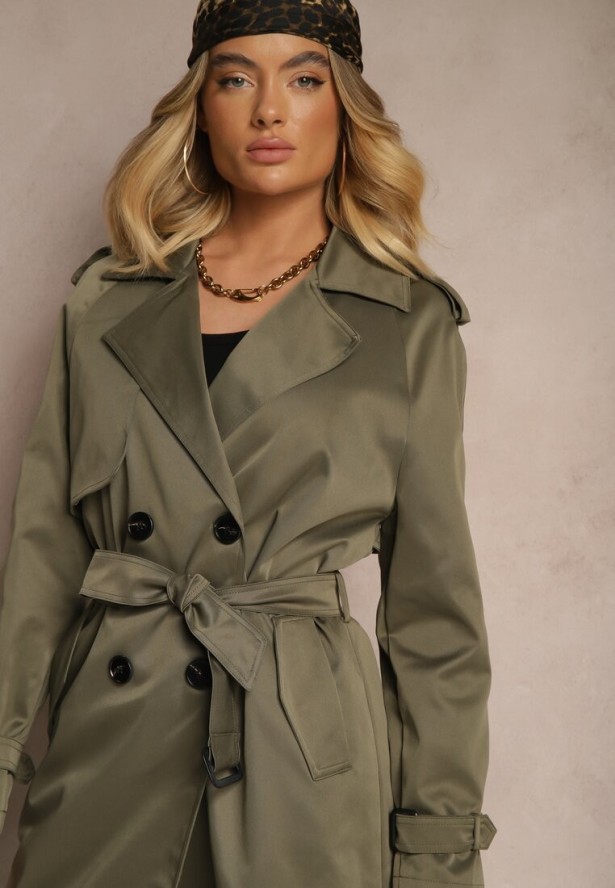 Ciemnozielony Długi Płaszcz Trencz Dwurzędowy z Paskiem w Komplecie Sabila