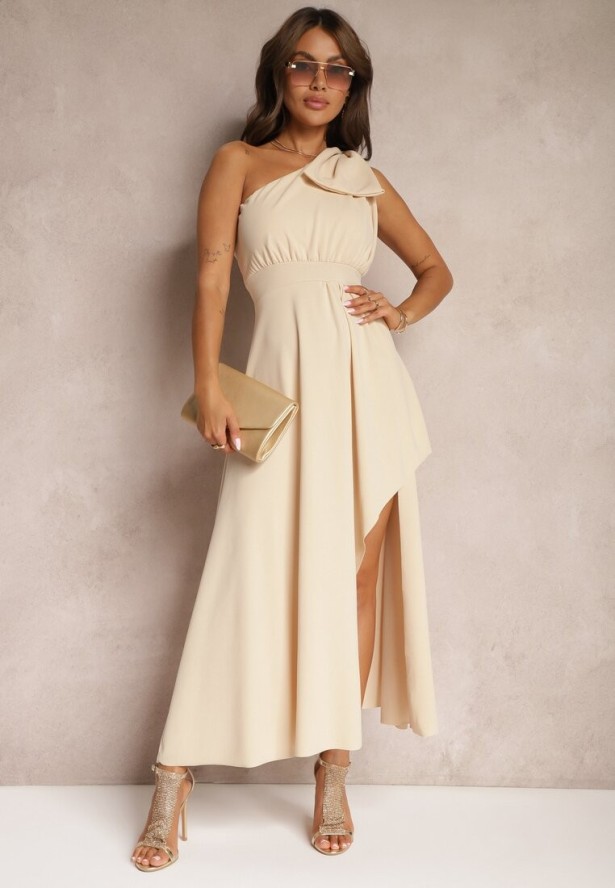 Beżowa Sukienka Koktajlowa o Asymetrycznym Kroju na Jedno Ramię Ozdobiona Kokardą Vimorissa