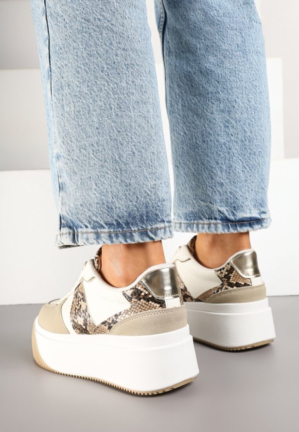 Beżowe Sneakersy na Platformie z Metalicznym Zdobieniem Fonarien