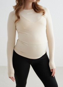 Damski top sportowy z długim rękawem ciążowy, szybkoschnący Soft Basic beżowy