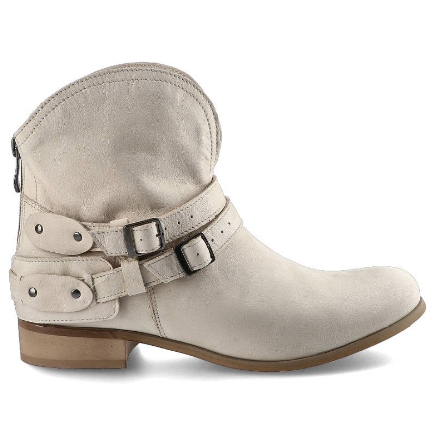 Beżowe Botki Pollonus Damskie Modne Buty Skórzane