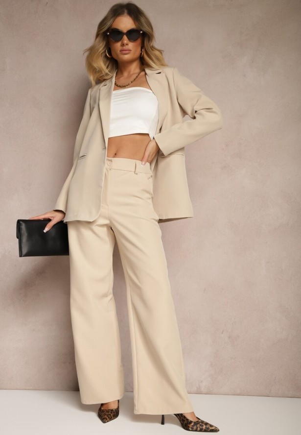 Beżowa Marynarka z Imitacją Kieszeni i Usztywnioną Linią Ramion Vivissea