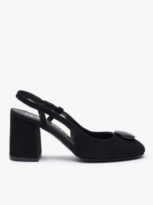 Czarne welurowe czółenka slingback bez pięty z ozdobą