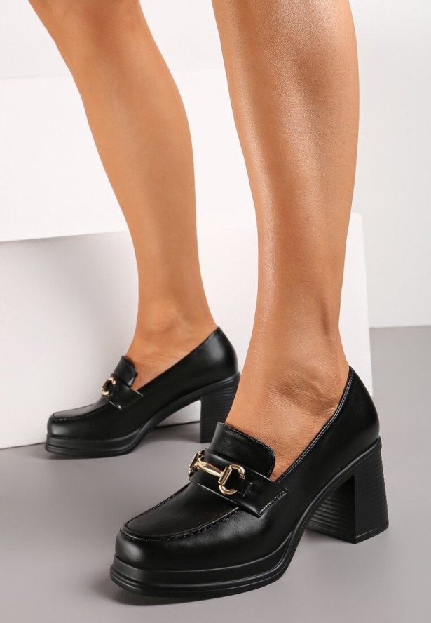 Czarne Półbuty w Stylu Mokasynów z Przeszyciami na Wysokim Obcasie Ceravia