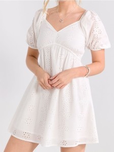 Bawełniana sukienka mini z bufkami - biały