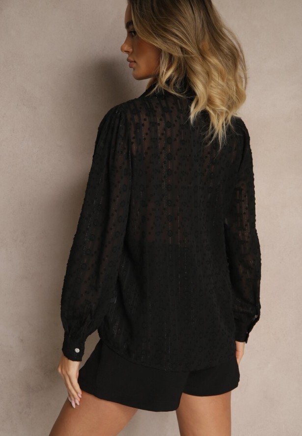 Czarna Koszula z Transparentnej Tkaniny z Koronką i Metalicznymi Przeszyciami Sepuria