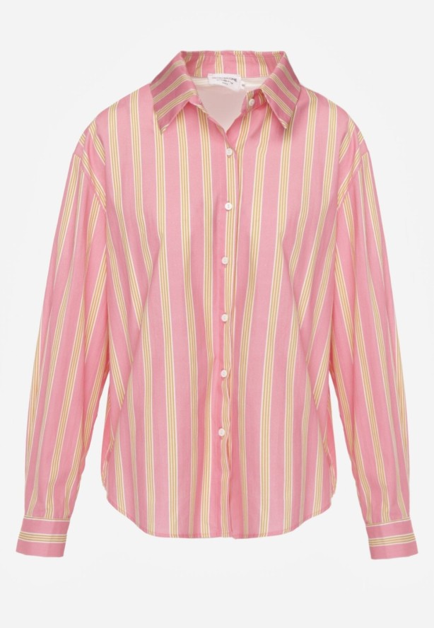 Różowa Bawełniana Koszula o Kroju Oversize Ozdobiona Pionowymi Paskami Ulialia